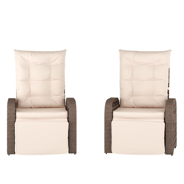 Flash Furniture Nemo Patio Wicker Rattan Recliner Lounge Chairs w/Flip up Side Tables, Beige and Brown, 2PK 2-LTS-0422-BG-BR-GG - main